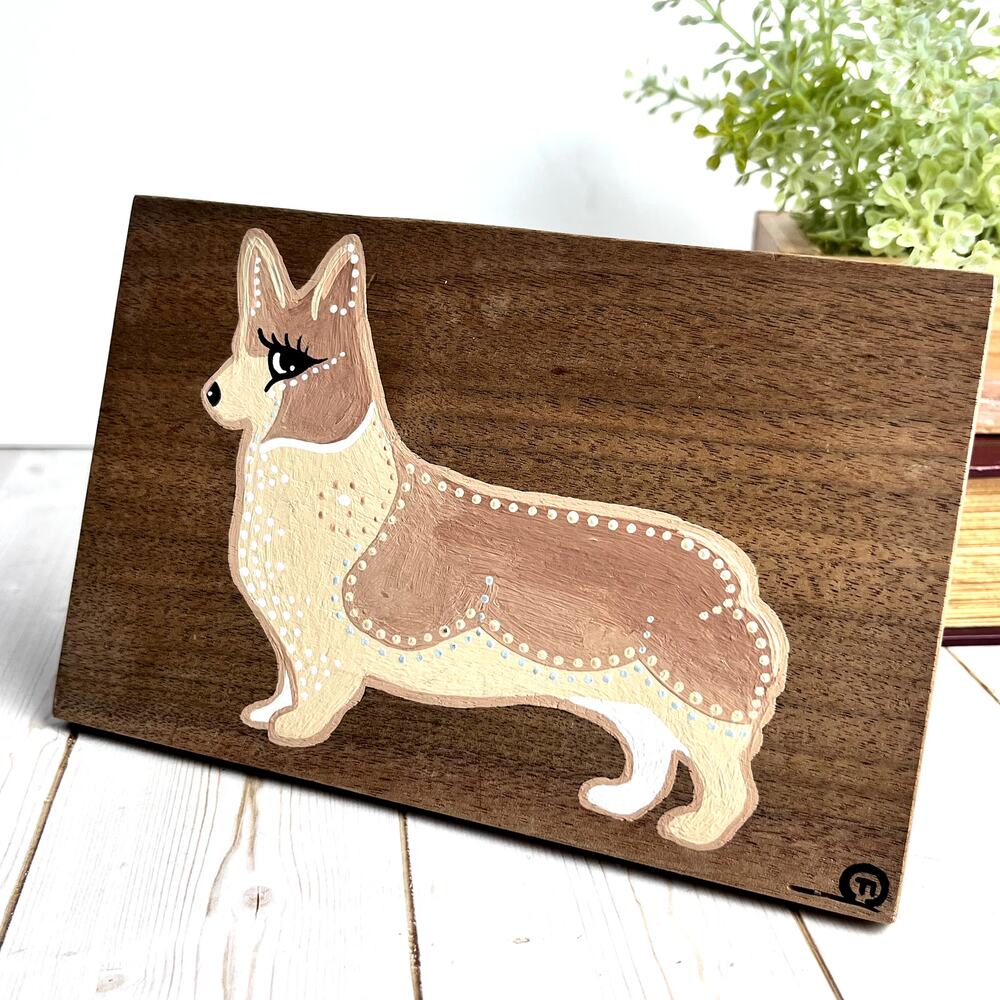 Hand Painted Pembroke Welsh Corgi Dog Stylized Whimsical Wood Artist Signed Gift